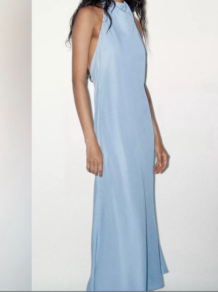 Zara Light Blue Halter-Neck Maxi Dress